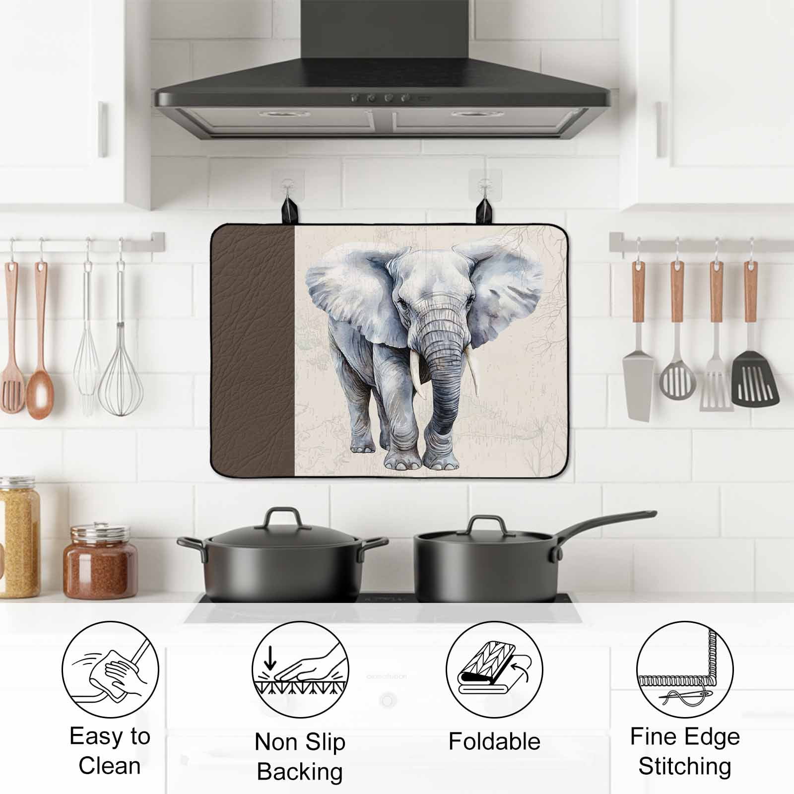 Vintage Elephant Stove Top Cover for Electric Stove, Heat-proof & Non Slip Glass Top Stove Cover Protector, Modern Art Animal Watercolor Kitchen Flat Cooktop Rubber Mat 24x21 Inches