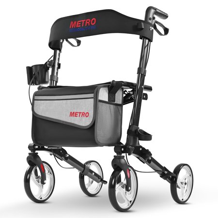 Foldable Rollator Walker for Seniors, Aluminum Rolling Walker with 8" PVC Wheels for All Terrain, Padded Seat & Removable Travel Bag, 300 lb.Weight capacity, Black