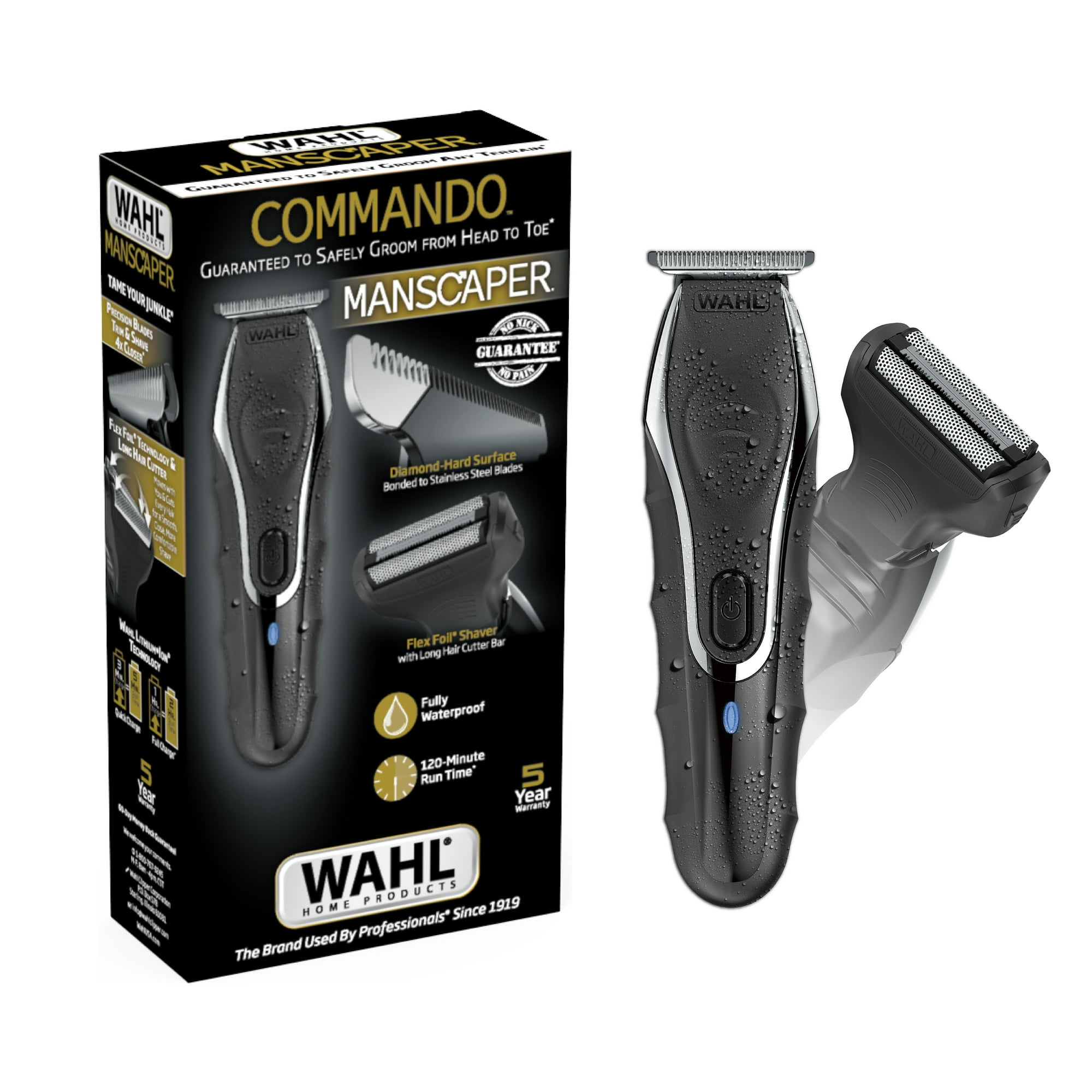 Wahl Commando Cordless Rechargeable Manscaper Wet/Dry Trimmer - Body Groomer for Men, Black 3024497