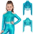 thumbnail image 6 of Haitryli Kids Girls Long Sleeve Sequins Ballet Jazz Hip Hop  Dance Crop Top Tassel Finger Holes Gymnastics Tee Shirt Blouse Light Blue 12, 6 of 7