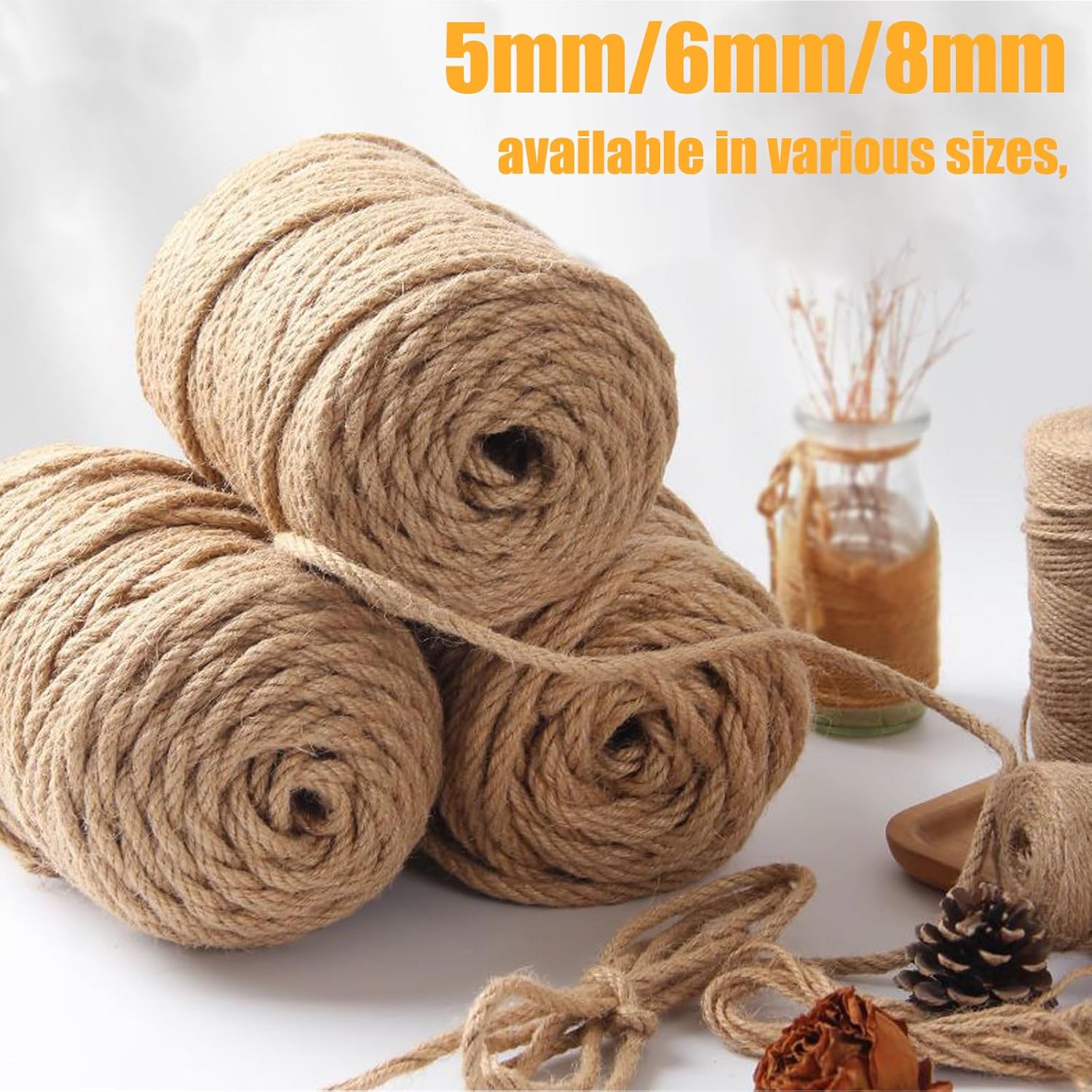 MKEUDQ-Jute Twine String 6mm x 328FT \u2013 Heavy Duty Natural Garden Twine for Crafts, Cat Scratching Posts, Packaging & DIY