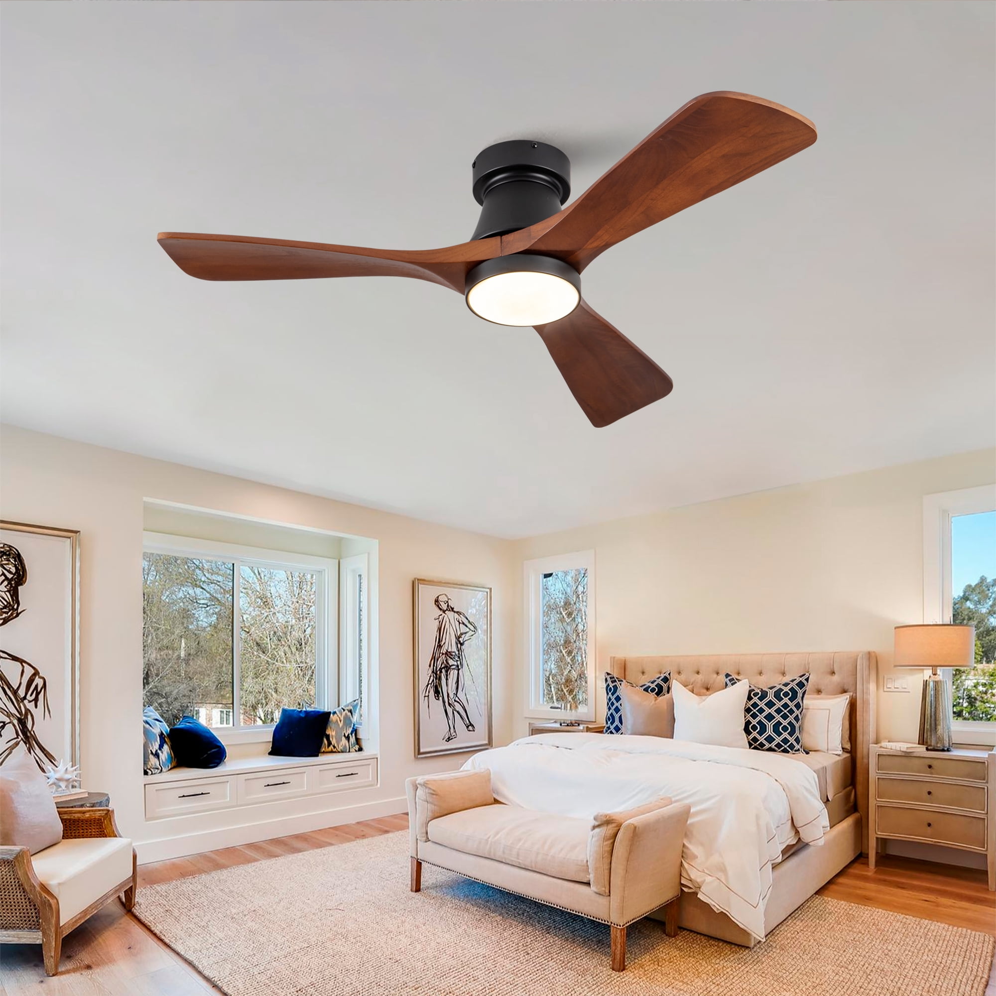 Ceiling Fan with Lights, 42 Inch Dimmable LED Reversible DC Motor Flush Mount Fan for Indoor Outdoor Bedroom, Black Dark Walnut