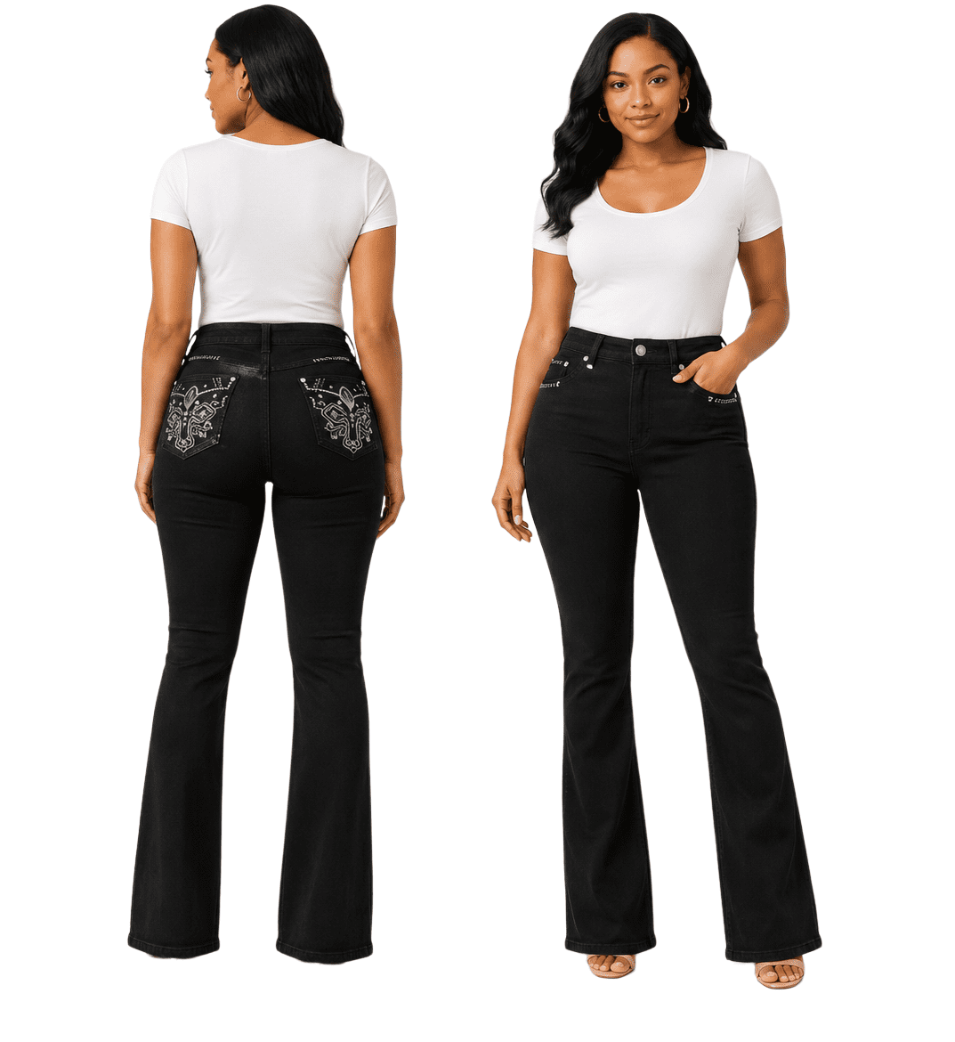 Jack David H&Y Rhinestone Studded Denim Bootcut Flap Pocket Jeans