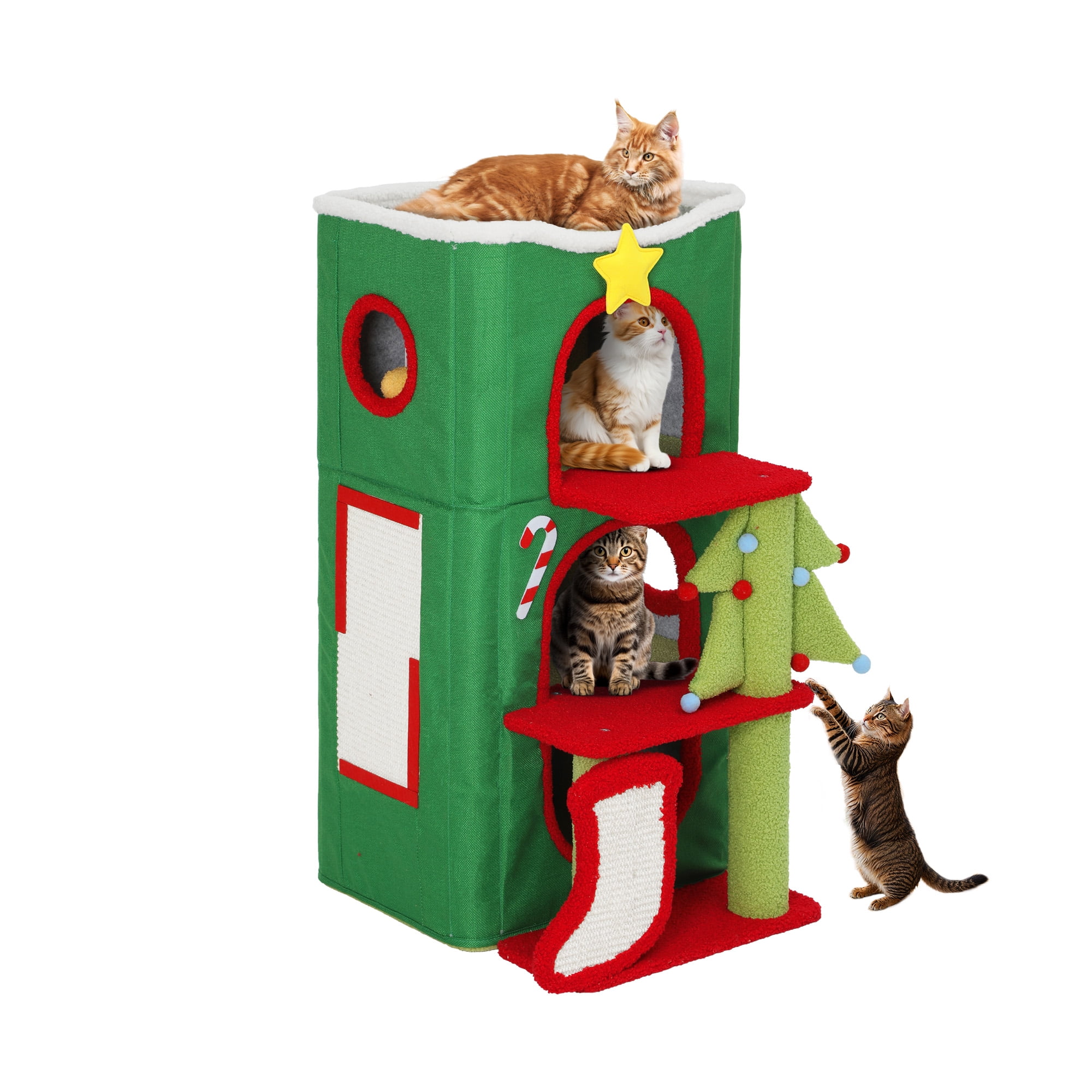 Uforic 3-Level Christmas Cat House, Indoor Cat Play House with Scratching Posts & Hideaway Cave& Hanging Plush Balls, Green