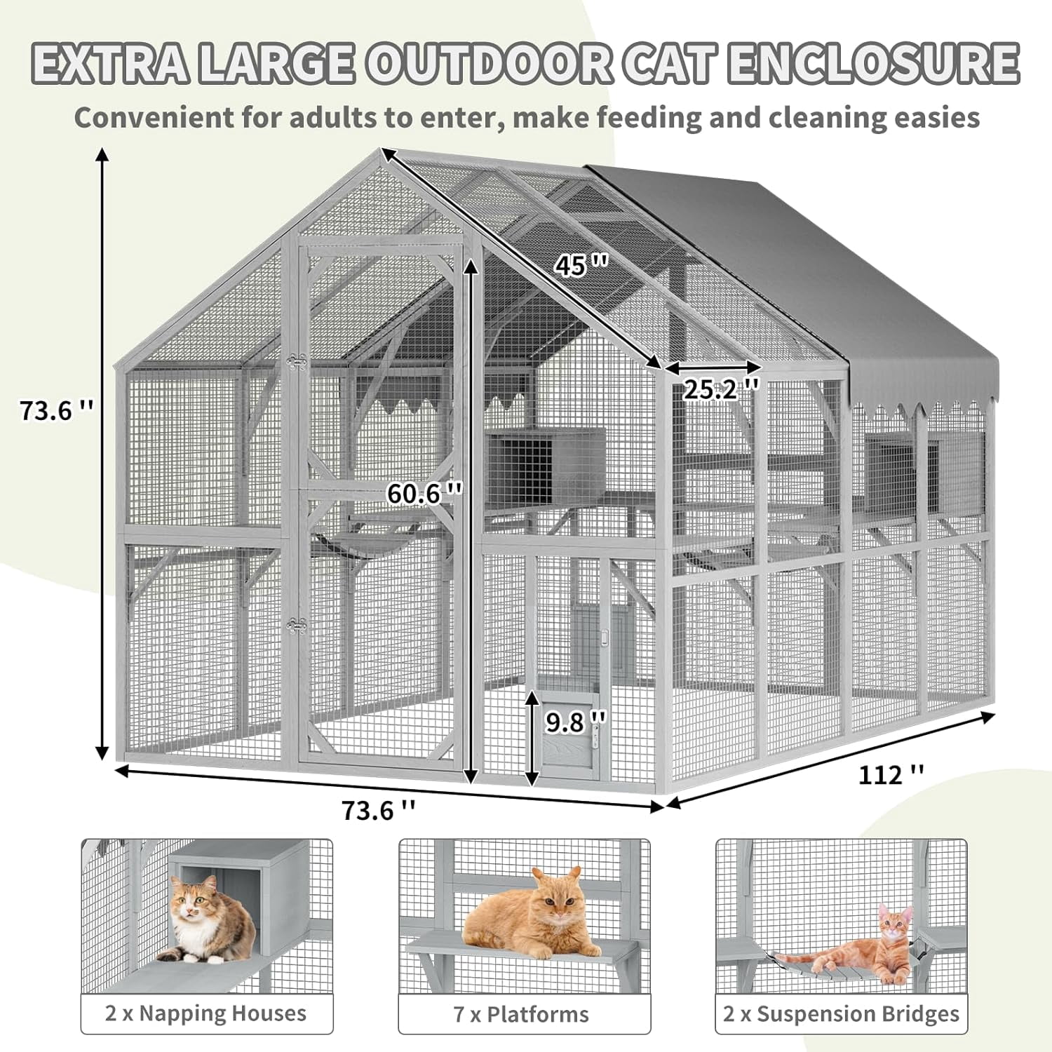 Akaber 112'' Catio Outdoor Cat Enclosure Super Large Wooden Catios for Cats Patio with Waterproof UV Protection Canopy, Outside Cat Run Enclosure Condon with Platforms, Small Houses, Bridges