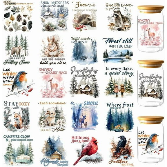 20 Pcs UV DTF Cup Wraps Winter for DIYest UV DTF Rub on Transfer Sticker Cartoon Animals Waterproof Transfer Sticker Decals for DIY 16OZ Glass Cups Water Bottle DIY Crafts