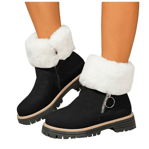 Fuzzy Snow Boots for Women Suede Fold Over Plush Warm Lug Sole Chunky Heel Zipper Winter Ankle Booties