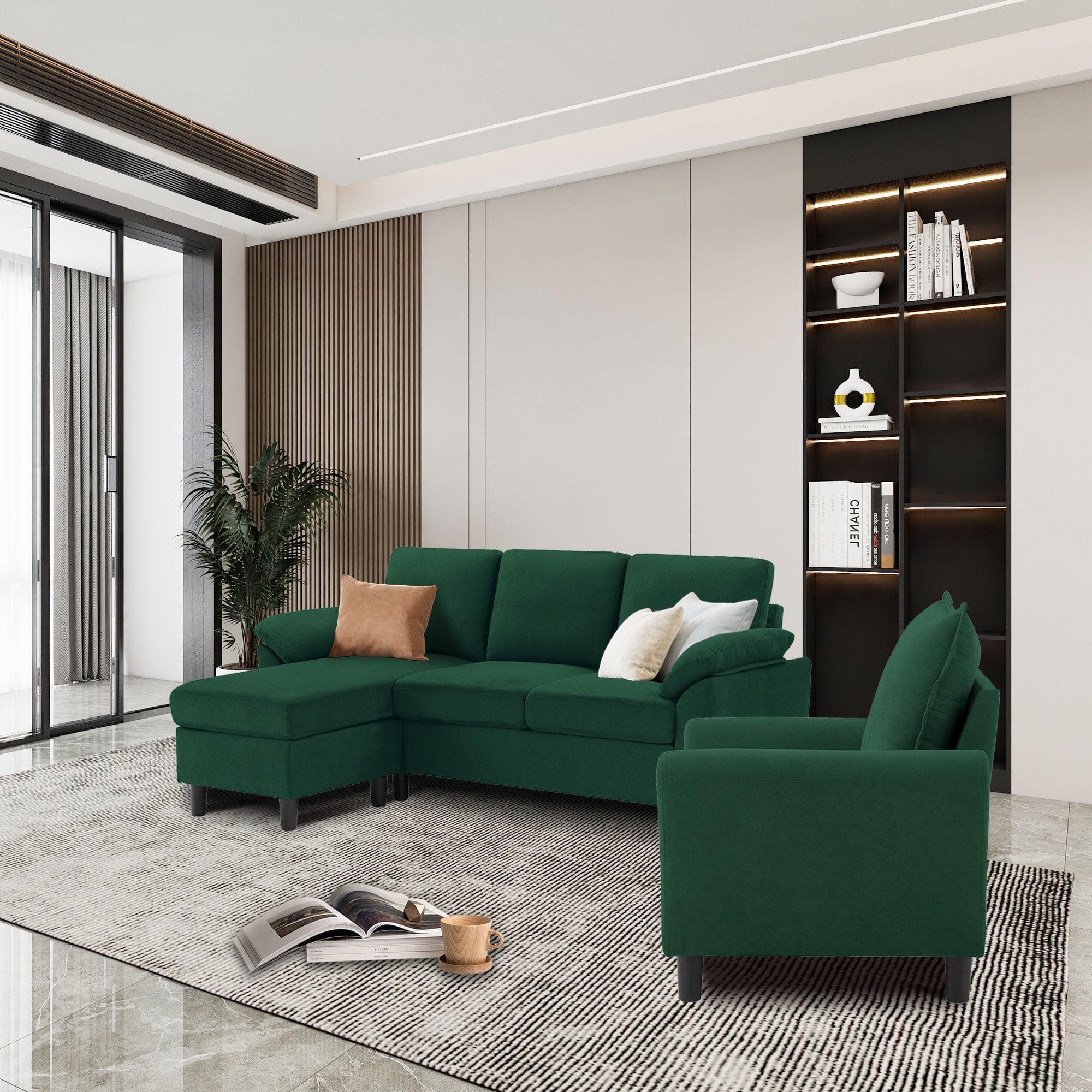 Pingliang Home Sofa Set of 79.5" Convertible Sectional Sofa & Accent Chair, L-shaped 3 Seat Couch with Reversible Ottoman, Modern Linen Sofa Couch for Living Room,Office,Apartment