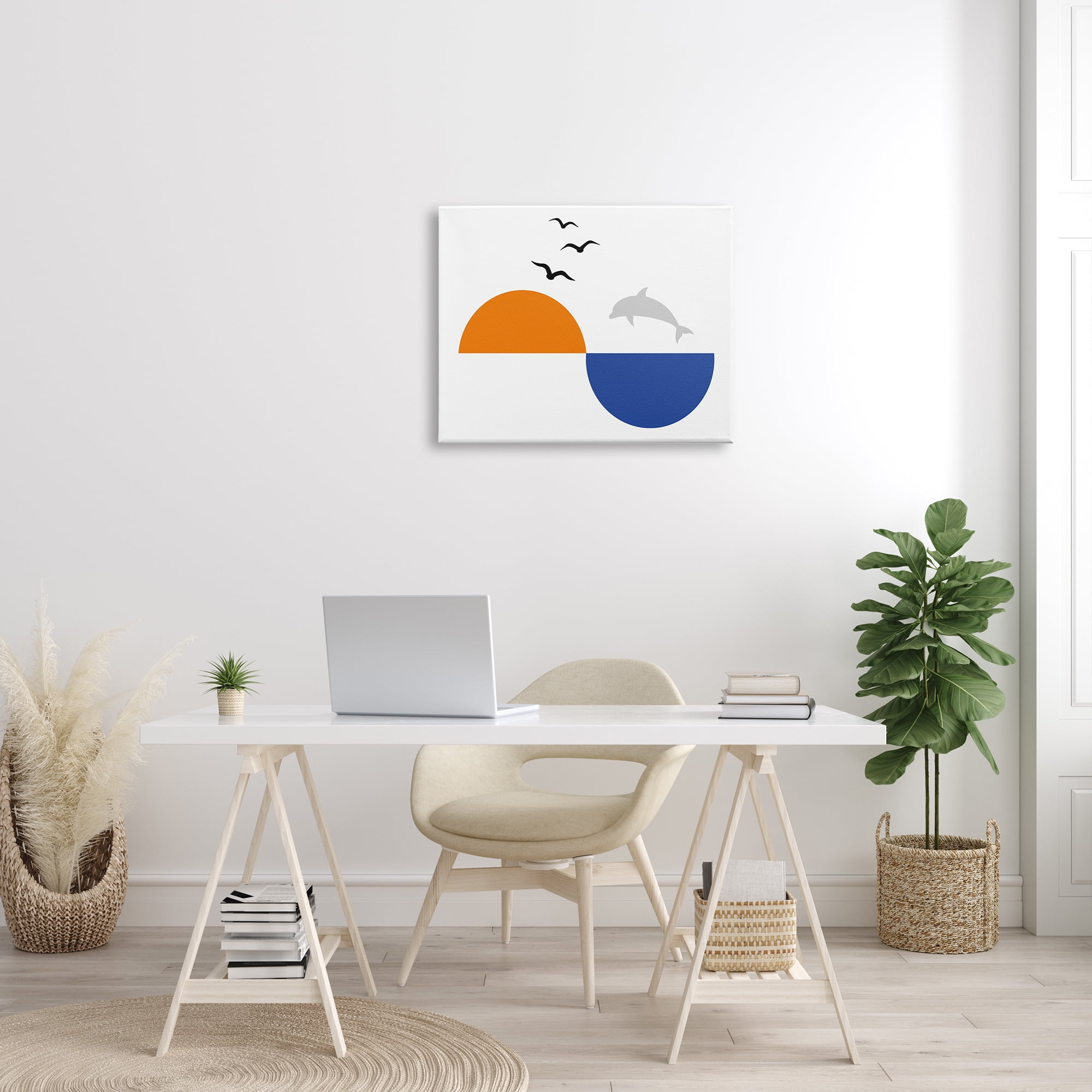 Stupell Industries Sunset Balance Asymmetrical Ocean Horizon Dolphin Jump Abstract Painting Gallery Wrapped Canvas Print Wall Art, 24 x 30