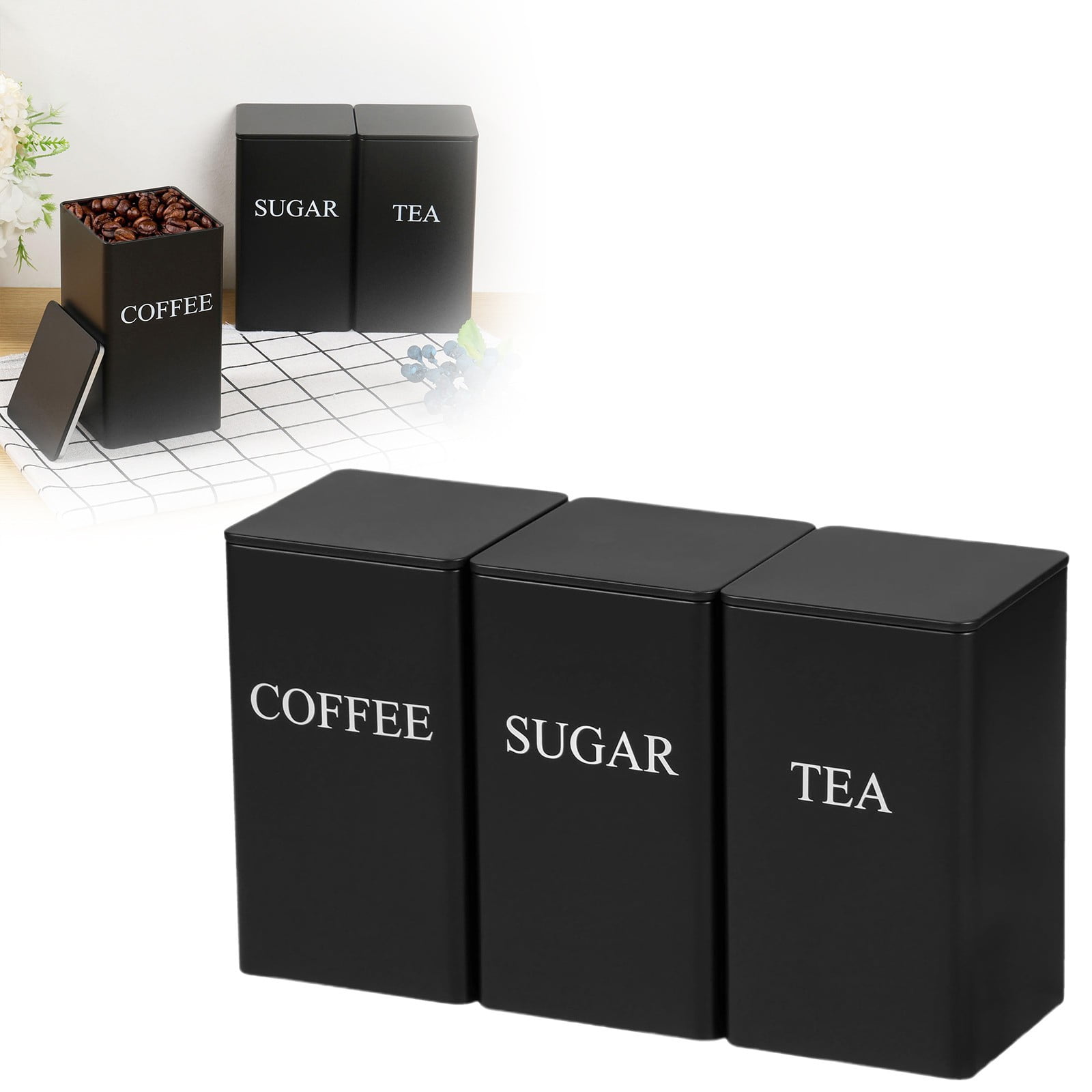 3 Pcs Coffee Tea Sugar Container Set, 1000 ml Metal Vintage Kitchen Canister Set with Airtight Lids, Food Storage Container Jars for Kitchen Counter, Farmhouse Home Tabletop Decor(Black,3.3x3.3x5.9")