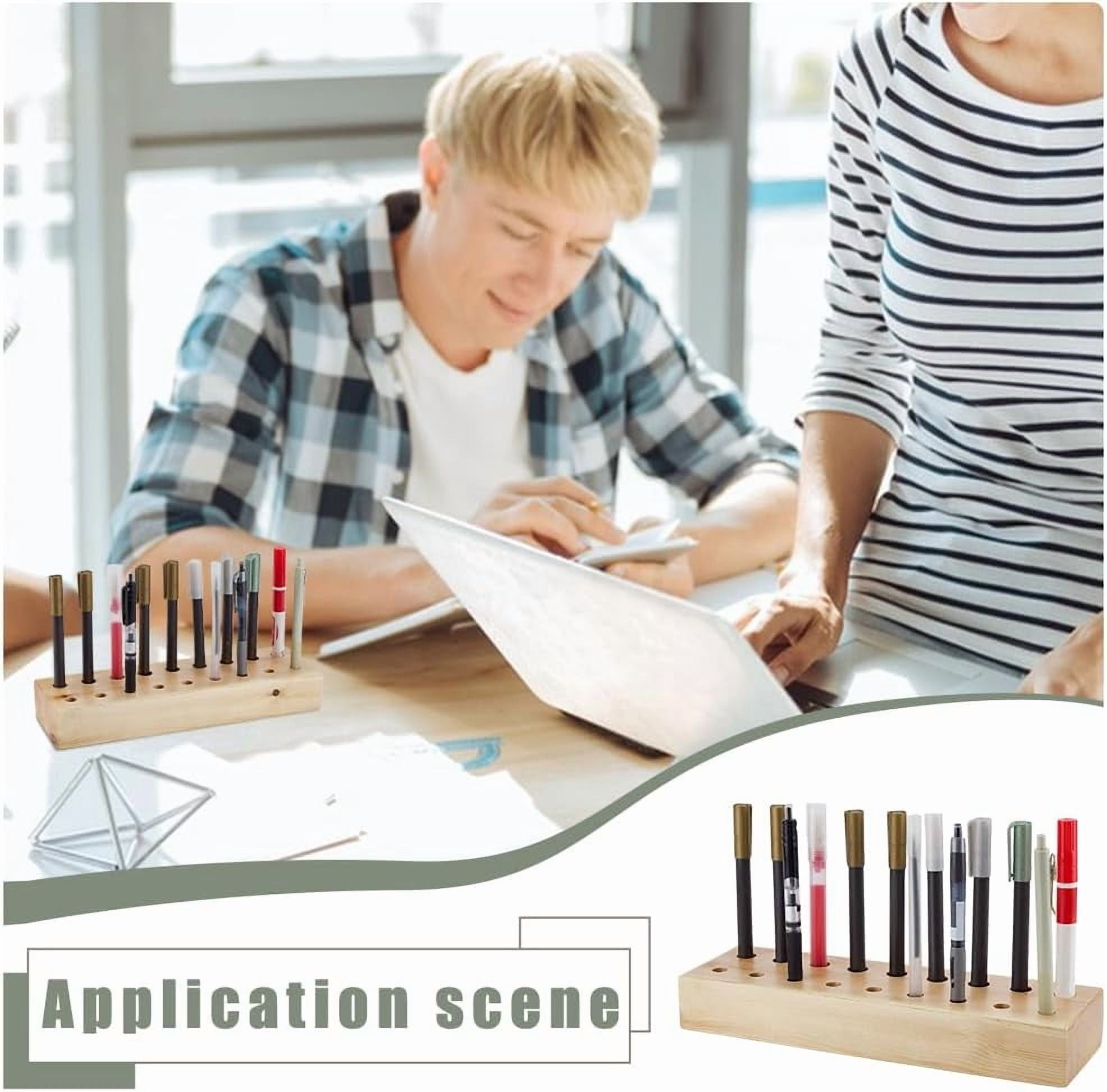 Wooden Marker Stand Pen Organizer Holder Wood Desktop Pen Holder Rustic Marker Storage Display with 2 Sizes Slots Holds 18 Markers