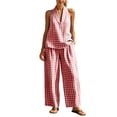 thumbnail image 2 of Karymi Workout Sets for Women 2 Piece Gingham Linen Blend Outfit Set, V Neck Sleeveless Loose Pullover Tank Top+Elastic High Waist Wide Leg Pants with Pockets Cute Tops for Women, 2 of 7