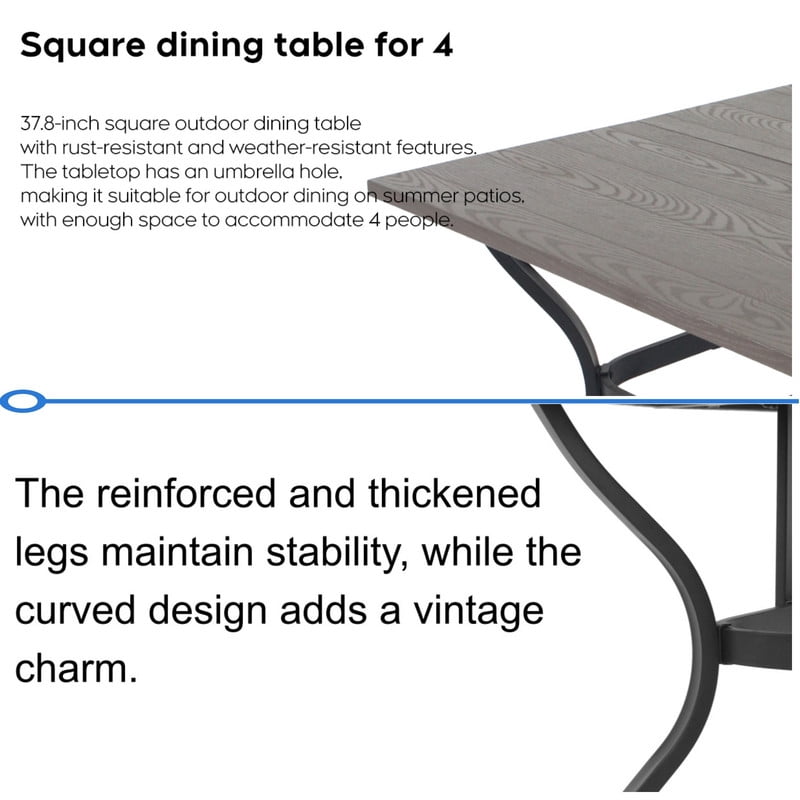 Howcool 1Pcs Outdoor Square Small Dining Table for 4, Iron Patio Bistro Table w/ 2-inch Umbrella Hole