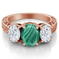 thumbnail image 2 of Gem Stone King 18K Rose Gold Plated Silver 3-Stone Ring Oval Green Malachite and Moissanite (4.30 Cttw, Size 9), 2 of 3
