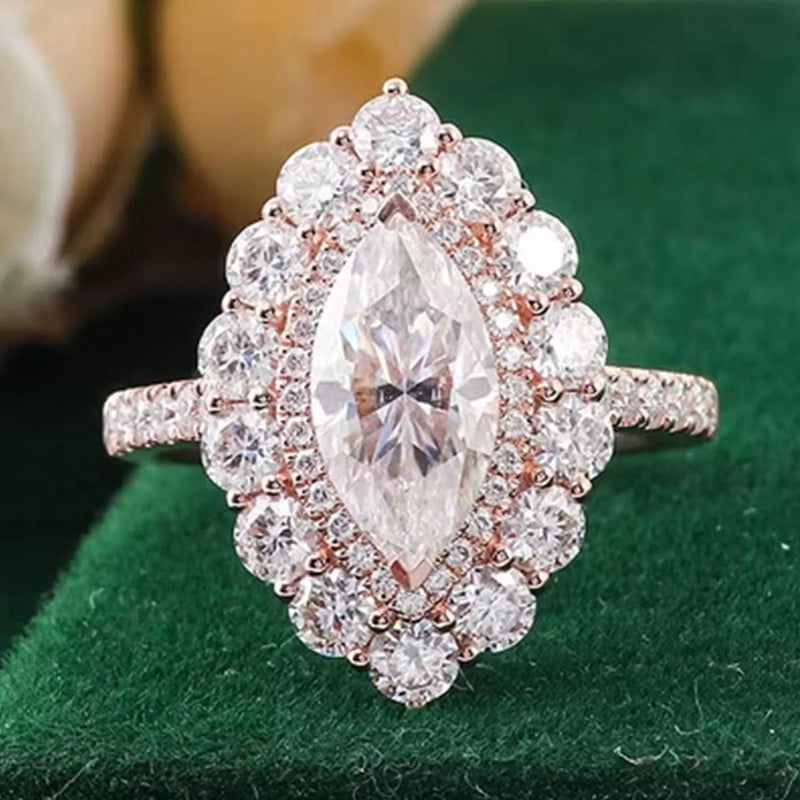 solitaire jewels Art Deco Marquise Moissanite Halo Engagement Ring For Women, 14K Rose Gold