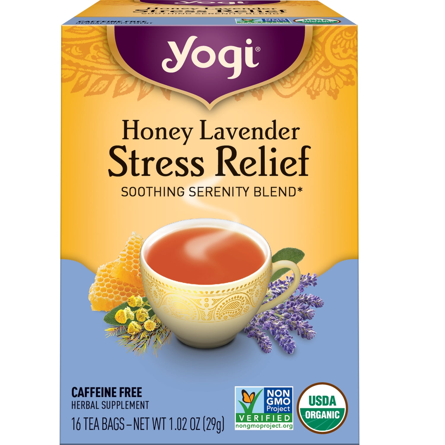 Yogi Tea - Honey Lavender Stress Relief (6 Pack) - Soothing Serenity Blend  with Lavender, Chamomile, and Peppermint - Caffeine Free - 96 Organic  Herbal Tea Bags 