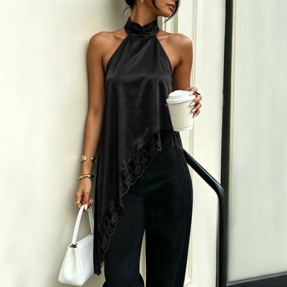 Karymi T Shirts for Women Halter Neck Asymmetric Tank Top, Twist Sleeveless Floral Lace Trim Irregular Long Hem Loose Flowy Camisole, Satin Layering Blouse Womens Tops