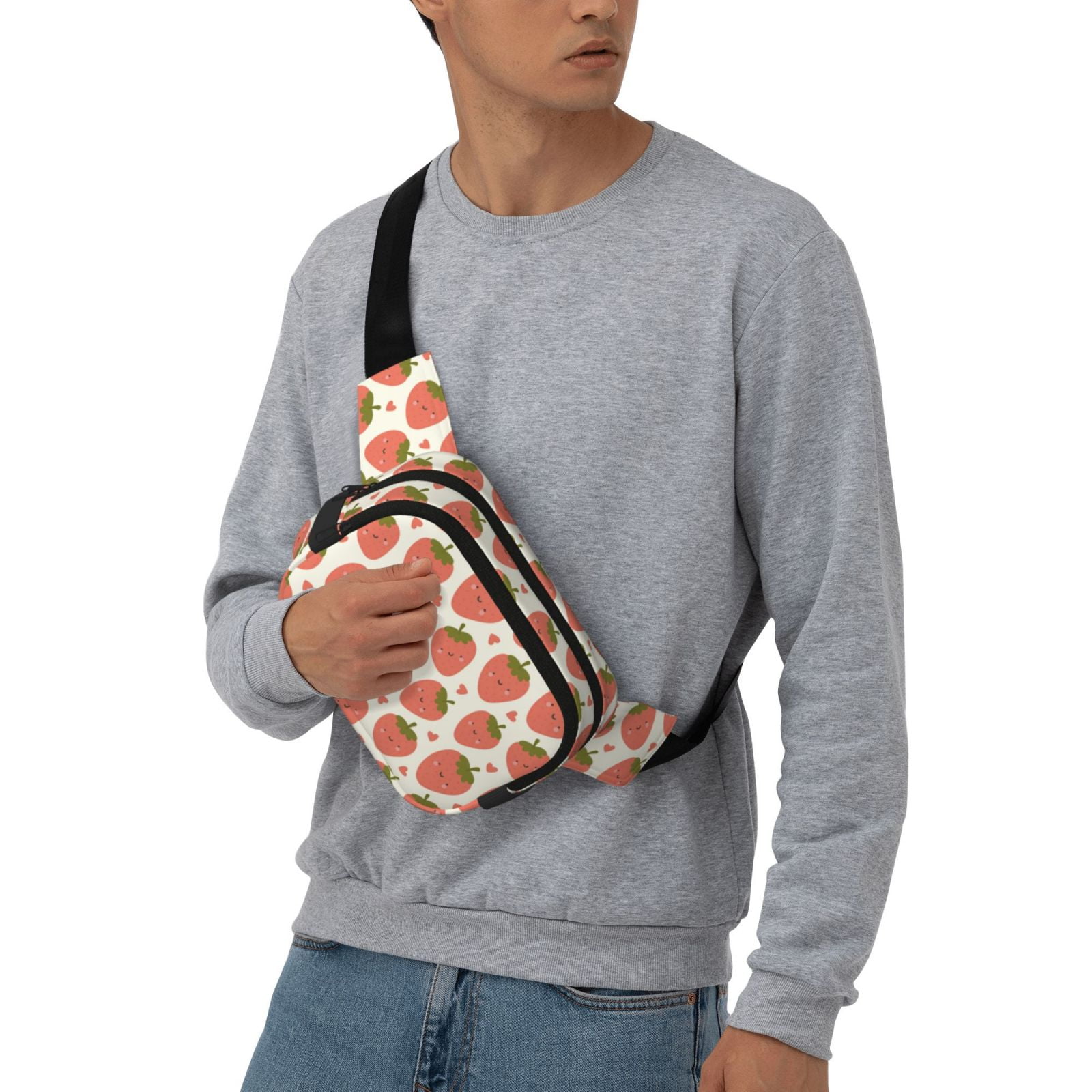 Picia Hand Drawn Strawberry Print Square Double-Layer Waist Bag Mini Adjustable Waist Belt Bag Exercise Running Travel Hiking