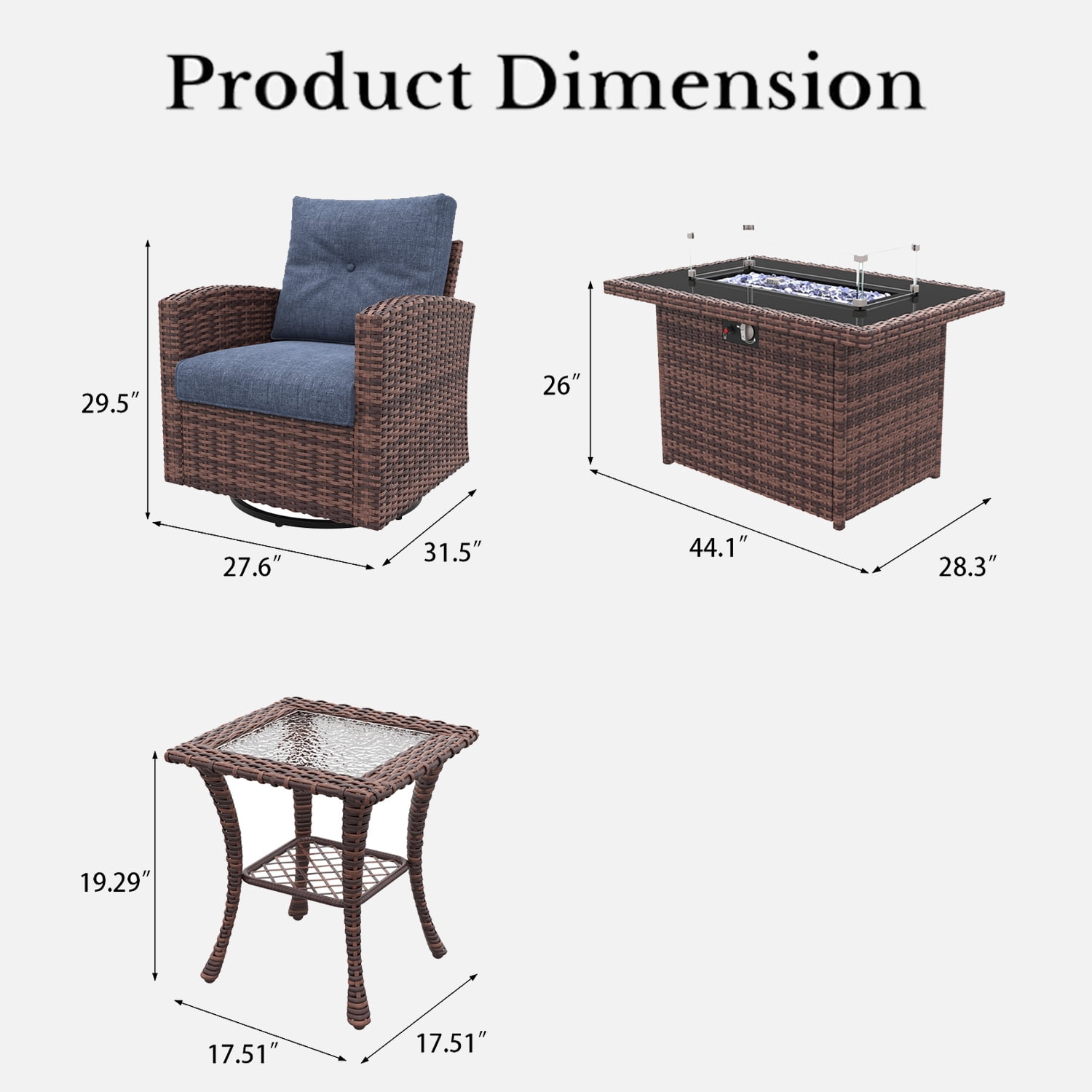 Layinsun 7 Pieces Patio Furniture Set with Swivel Chairs, Rattan Wicker Rocking Glide Chairs with 44" Propane Gas Fire Pit Table Conversation Set