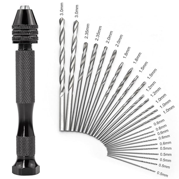 Kit de taladro manual de precisión en miniatura con 25 brocas helicoidales (0,5-3,0 mm), herramientas rotativas de precisión para metal, madera, manualidades, joyería, ensamblaje y modelismo