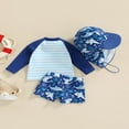 thumbnail image 4 of Kid Boy Swimsuit  Cartoon Striped Shark Print Summer Beach Long Sleeve Tops + Shorts + Hat, 4 of 7