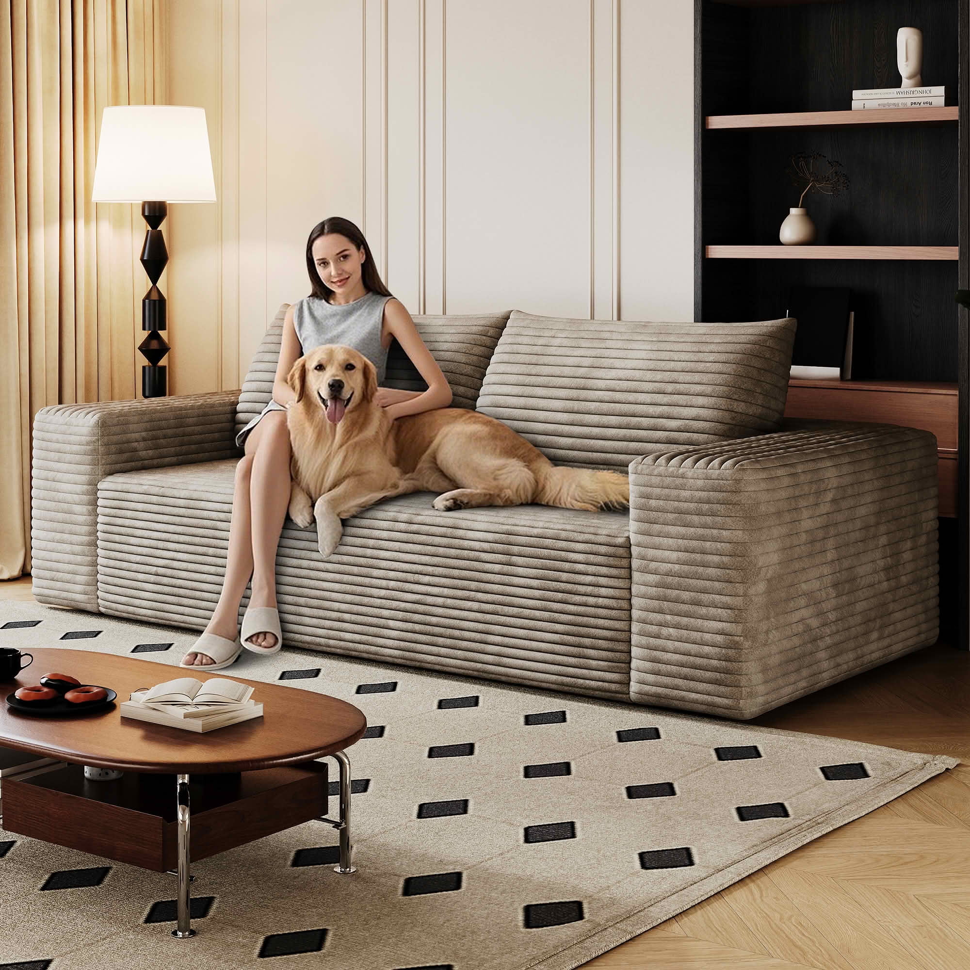 MAYEERTY 71" 3-Seater Corduroy Sofa, Deep Seat Comfy Couch, No Assembly, for Living Room Bedroom Conference Room, Camel