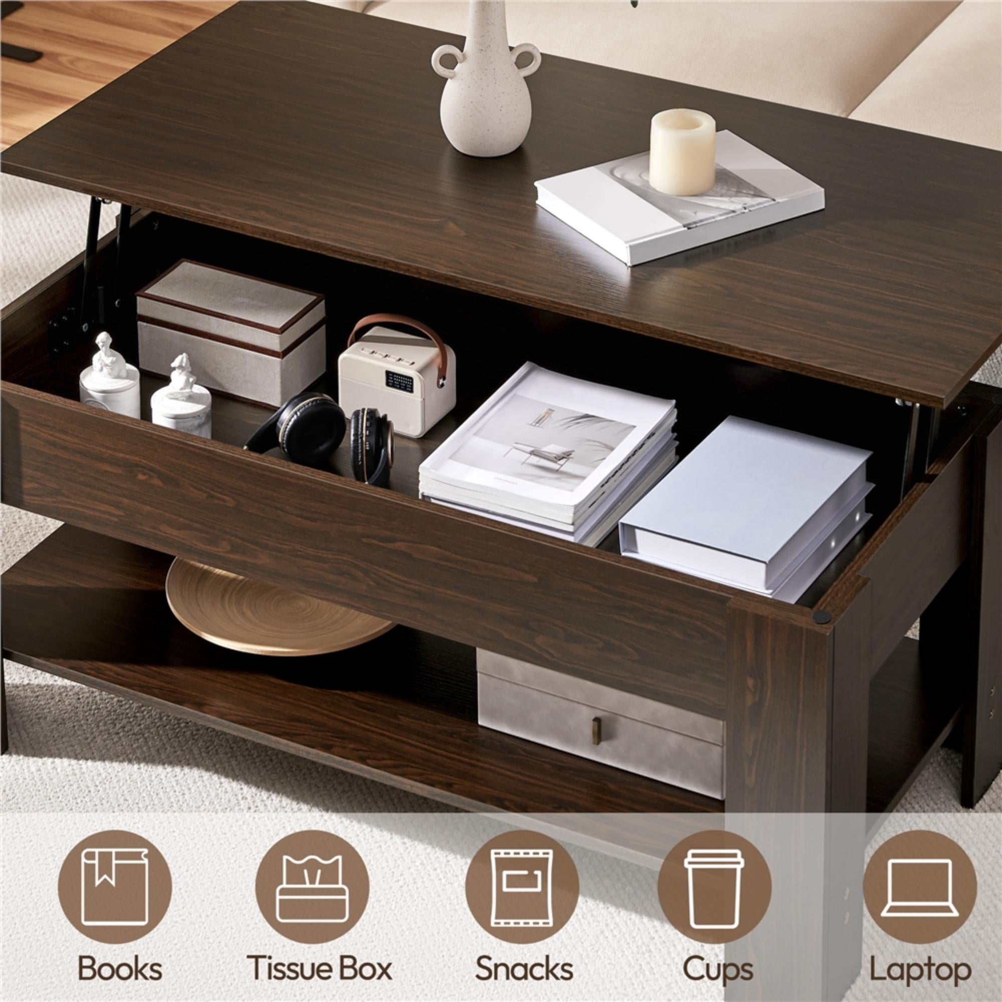Alden Design Modern 47.5" Wood Lift Top Coffee Table with Lower Shelf for Living Room, Espresso