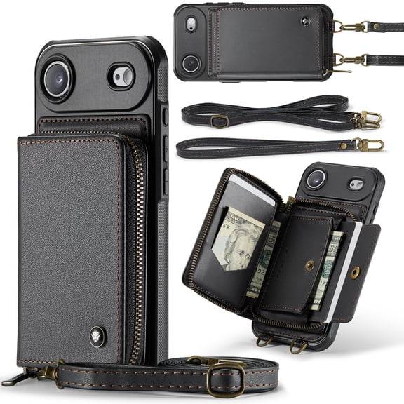 Dteck Crossbody Wallet Case for iPhone Air, RFID Blocking PU Leather Zipper Handbag Purse Flip Cover, Kickstand Folio Case with Card Slots Wrist Strap Lanyard,Black