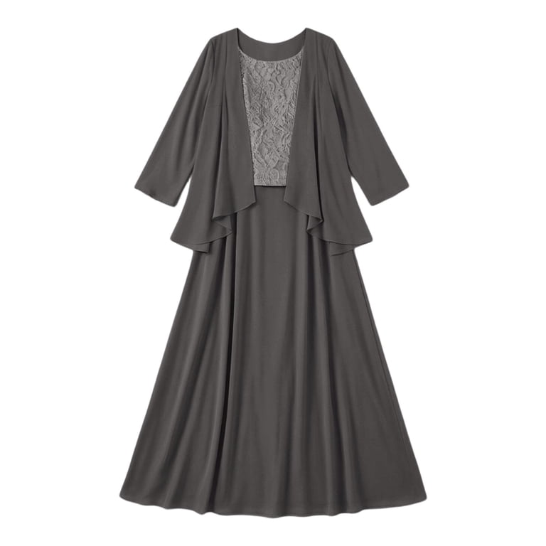 Unir WomenS 3-Piece Elegant Evening Gown Set, Lace Bodice Tank Top With 3/4 Sleeve Chiffon Jacket & A-Line Maxi Skirt, Formal Wedding Party Outfit