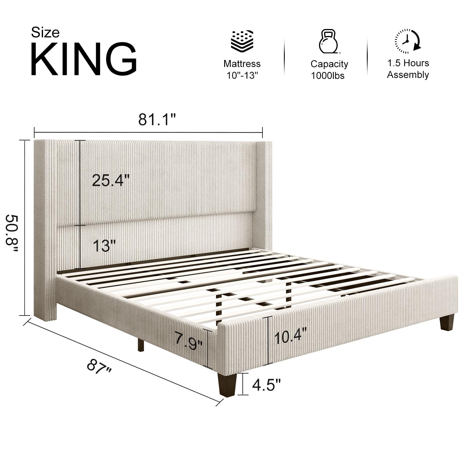 Papajet King Size Upholstered Platform Bed Frame, Wingback Bed with 50.8" Headboard, Corduroy Cream