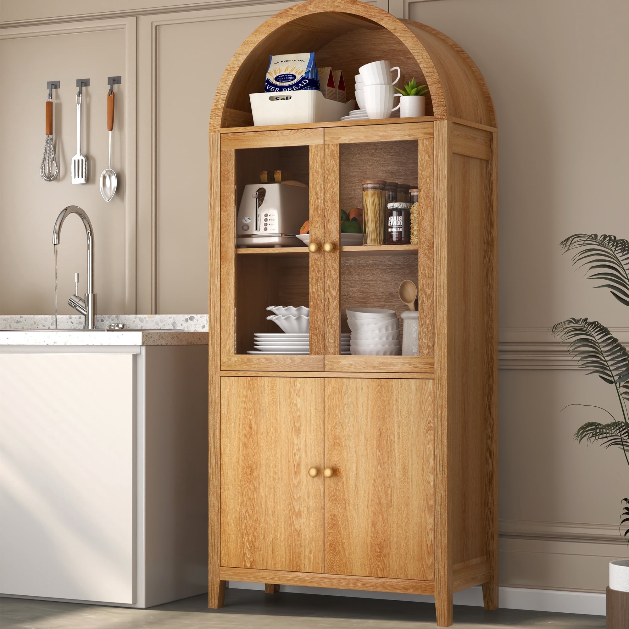 Eunon Tall Arched Pantry Storage Display Cabinet,Arched Storage Cabinet With Doors Retro Oak