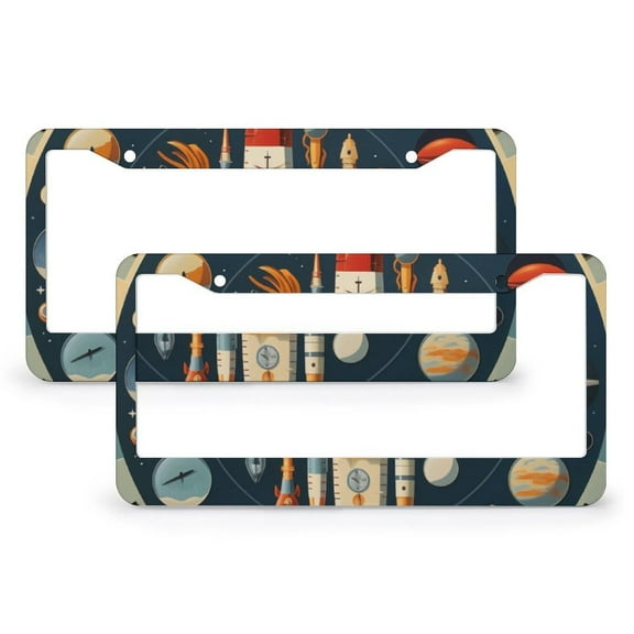 License Plate Cover Cartoon Rocket License Plate Cover Frame 2 Pcs Set Cartoon Spaceman Outer Planet Metal License Plate Frame for US And CA