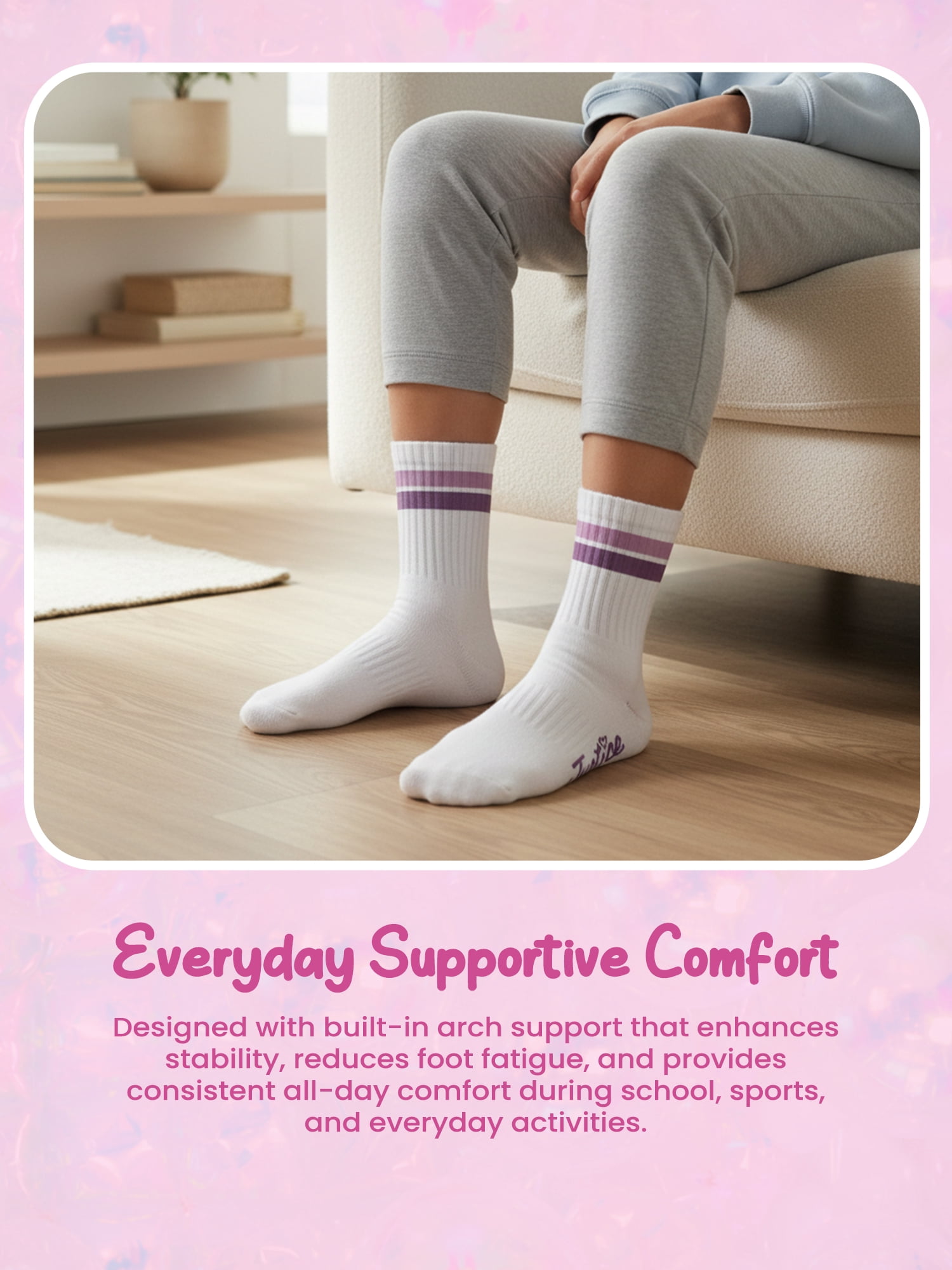 Justice Mid Crew Socks for Girls, Stylish Kids Socks for Daily Wear, 6 pk Grey Multi Color