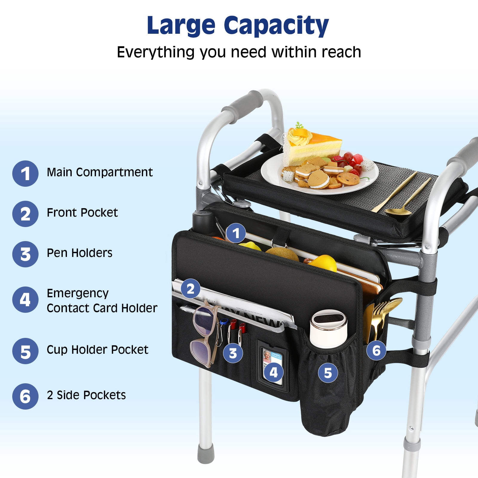 MoKo Walker Basket Bag with Tray, Upgraded Detachable Walker Tray for Folding Walkers with Non-Slip Mat, Large Storage Bag with Multi-Pockets and Cup Holder, Walkers Accessories for Senior, Black