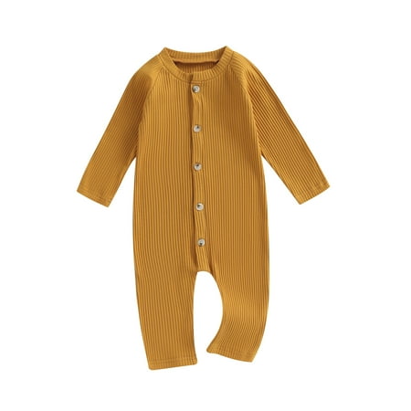 

Baby Girls Casual Crew Neck Romper Solid Color Long Sleeve Ribbed Button Down Jumpsuit 0-24 Months