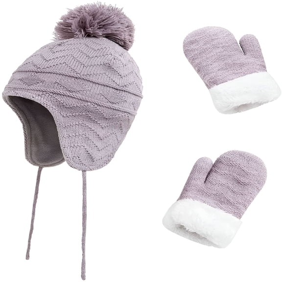 TELOLY Kids Winter Beanie Hat Mittens Set Warm Fleece Hat Baby Toddler Knitted Hat & Gloves for Boys Girls
