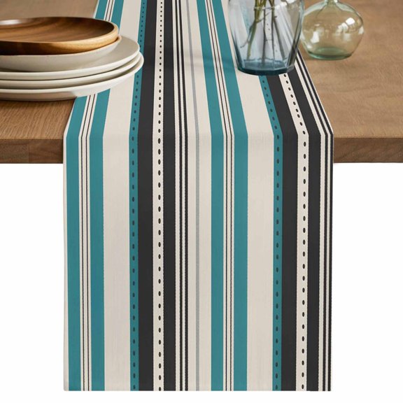 Table Runner 72 Inch Long - Blue Black Stripes Decorative Table Scarf, Vintage Lines on Linen Dining Table Runners for Wedding Party Kitchen Dining Tables
