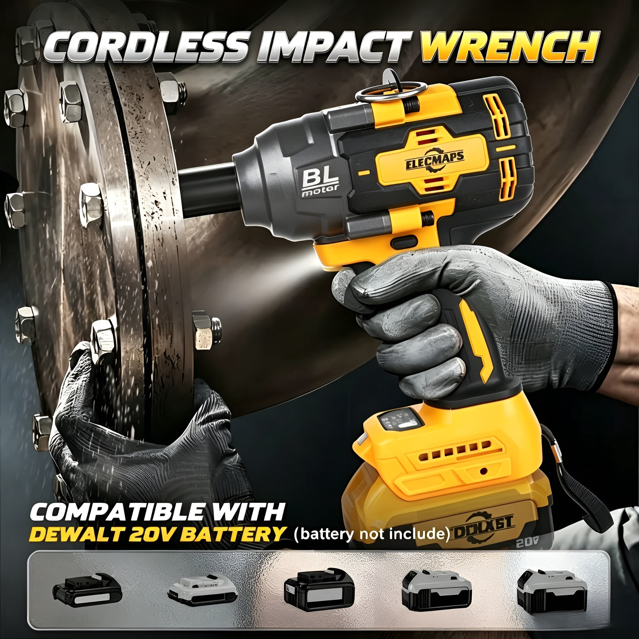 ELECMAPS 1/2 Inch Cordless Impact Wrench for DeWalt 20v Battery, 740Ft-lbs (1000N.m) Impact Wrench, High Torque Brushless Electric Impact Gun for Auto Repair, Home Projects & Workshop Use(Tool Only)