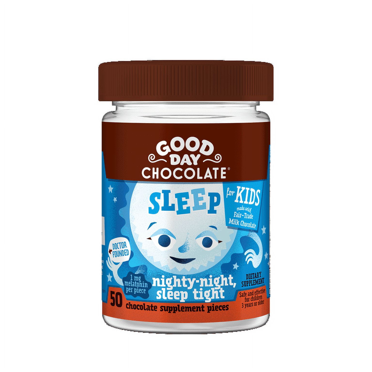 Good Day Chocolate Kids Sleep Aid, Melatonin 1mg & Chamomile, Milk Chocolate | 50 Count | Non-GMO, Fair Trade, Doctor-Founded