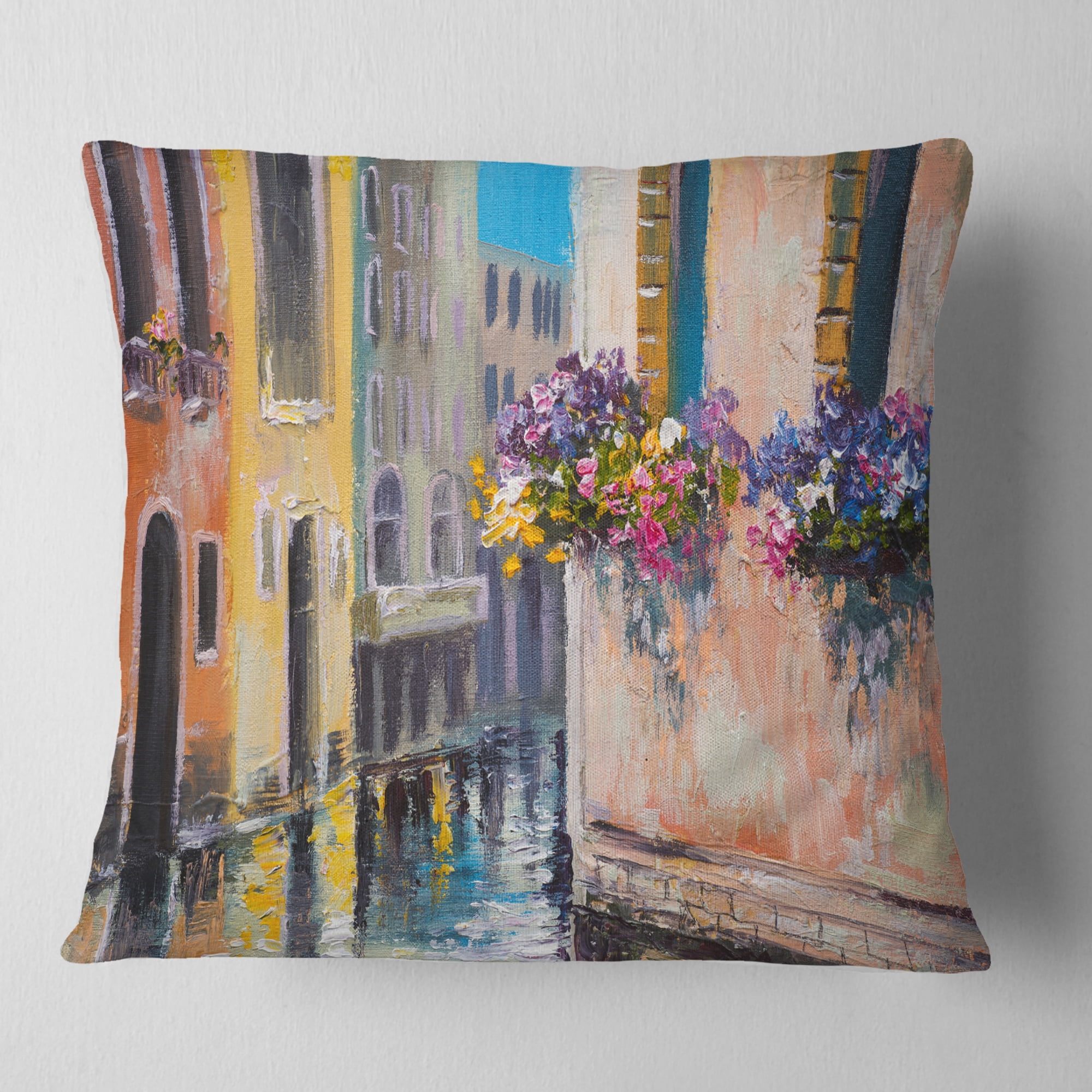 Designart Canal in Venice with Flowers - Cityscape Throw Pillow - 16x16
