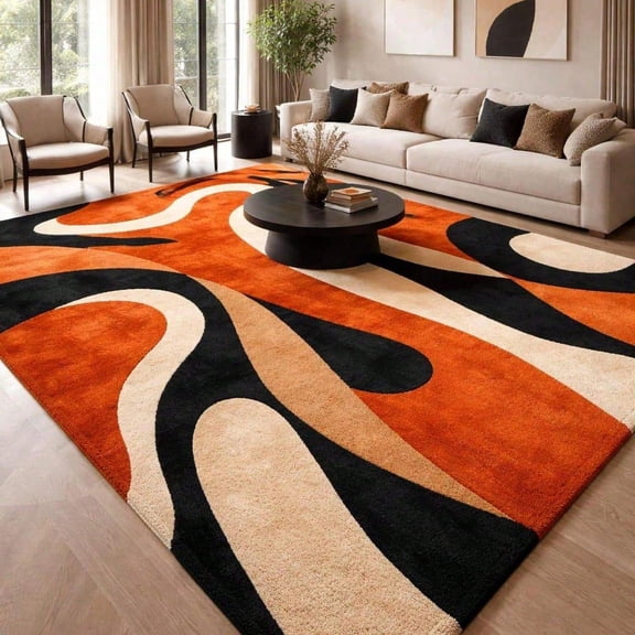 [Room Decor Rug]Modern Abstract Area Rug, Orange Black Cream Geometri Living Room Rug,