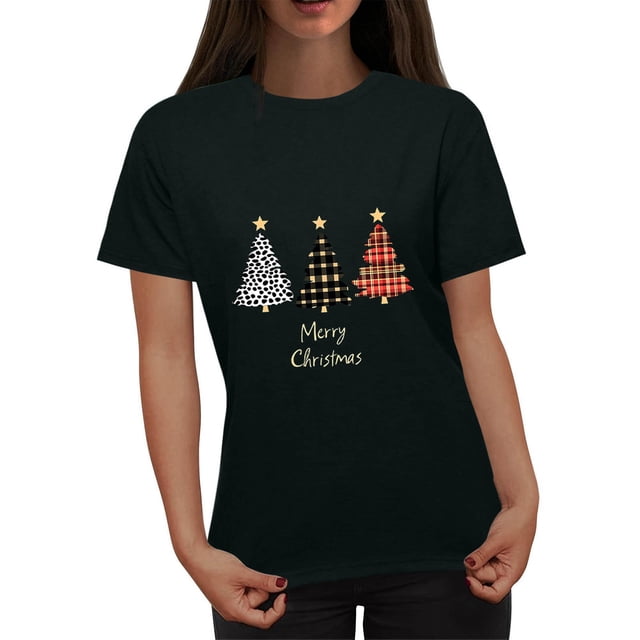 Fiudx Liquidación de Ahorros de Verano Blusa de Moda Informal con Cuello Redondo y Estampado Navideño para Mujer