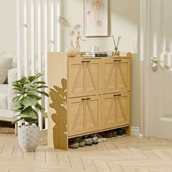 Shoe Storage Cabinet with 4 Flip Drawers for Entryway, Farmhouse Hidden Shoe Cabinet for Entrance Hallway