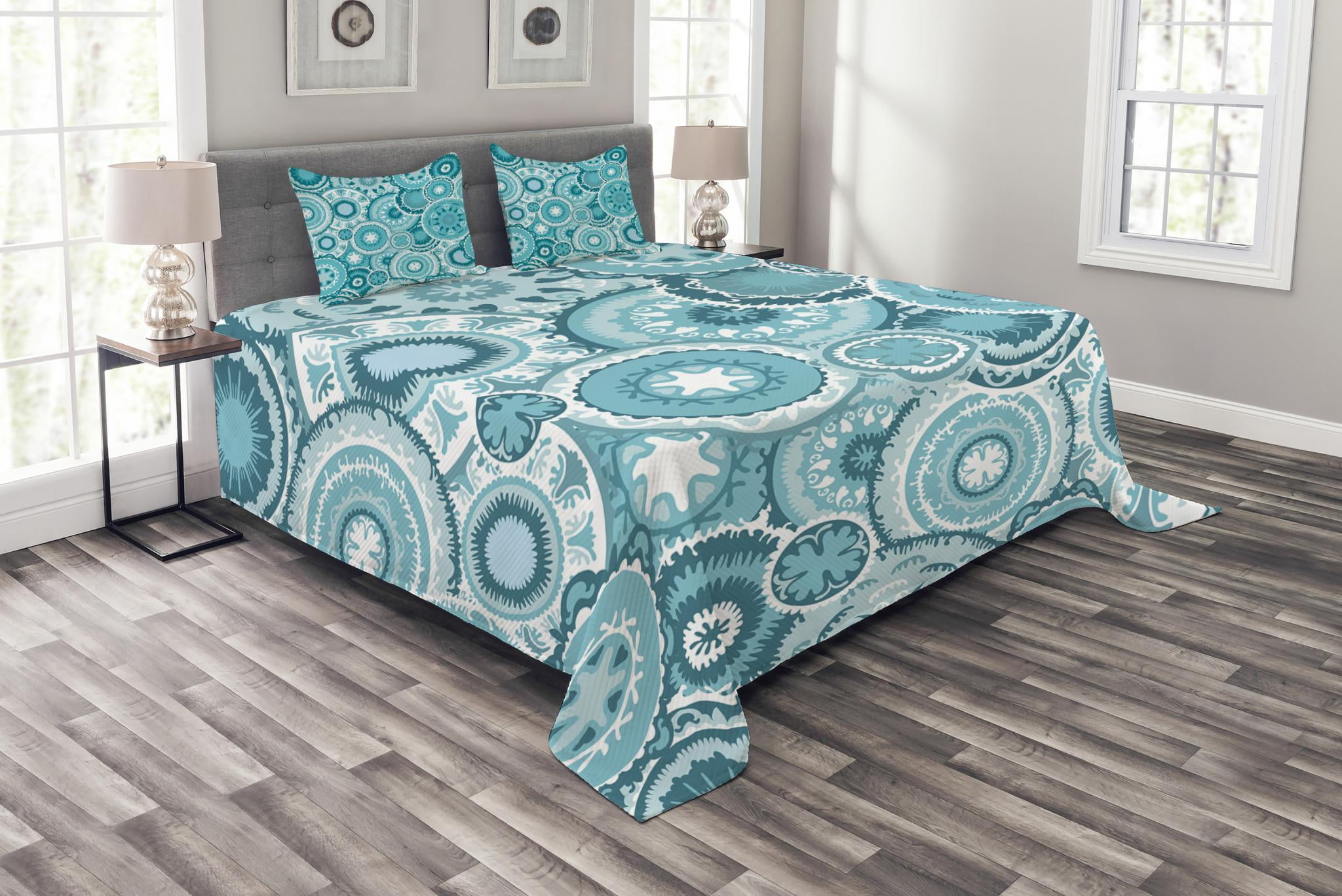 Aqua Bedspread Set Queen Size, Tribal Hippie Ethnic Floral Leaves ...