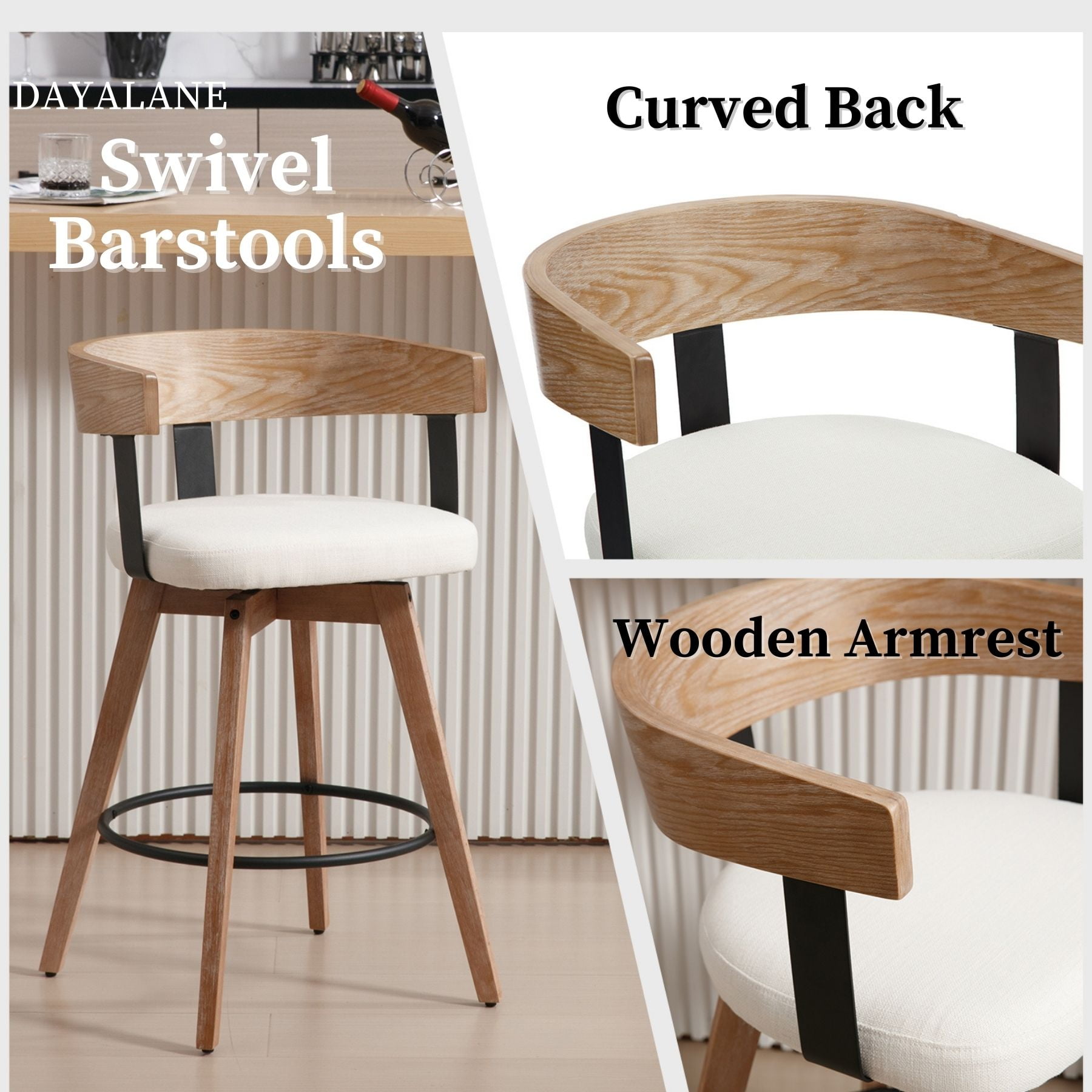 Dayalane Mid Century Modern Bar Stools Set of 2, 26" Swivel Counter Stools with Barrel Back, Linen Upholstered Barstools with Wood Legs for Kitchen Island, Dining Room, Home Bar, White