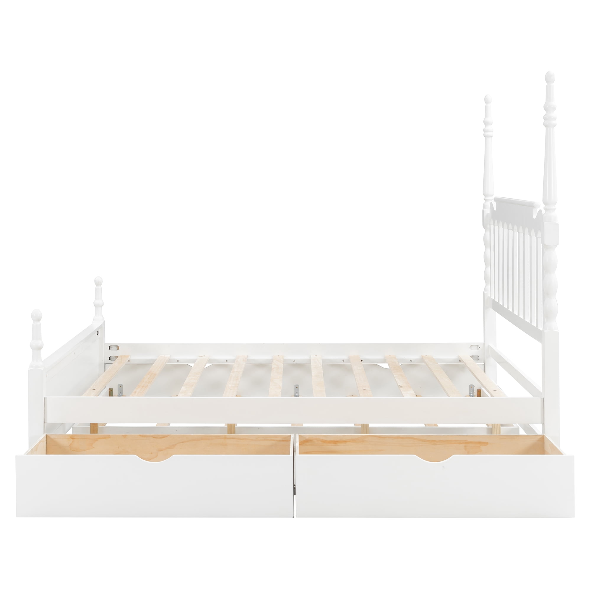 Mintazer Queen Size Bed Frame with Twin‑XL Trundle Bed & 2 Storage Drawers, Spindle Headboard Platform Bed for Bedroom, White