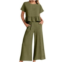 Tbopshirt Women's 2 Piece Outfits Women's Summer Suit Fashion Short Sleeve Solid Color Trousers Casual Two-Piece Suit Wide Leg Pants