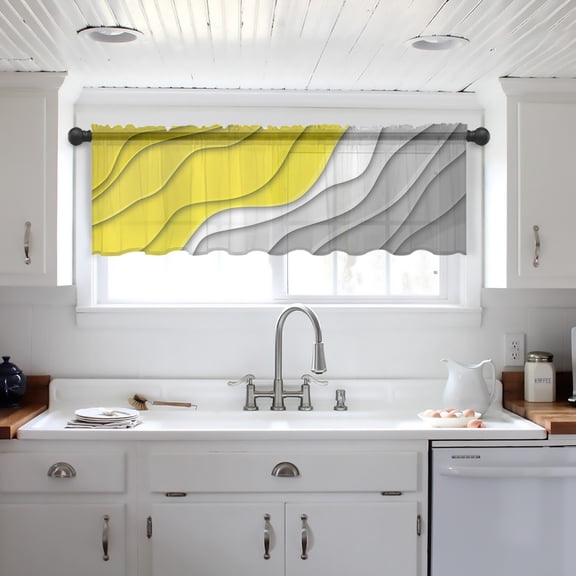 Yellow Grey Ombre Valance Curtains for Kitchen/Living Room/Bathroom/Bedroom Window,Modern Geometric Abstract Aesthetics Cream Rod Pocket Small Topper Half Short Window Curtains Sheer Scarf 42"x18"
