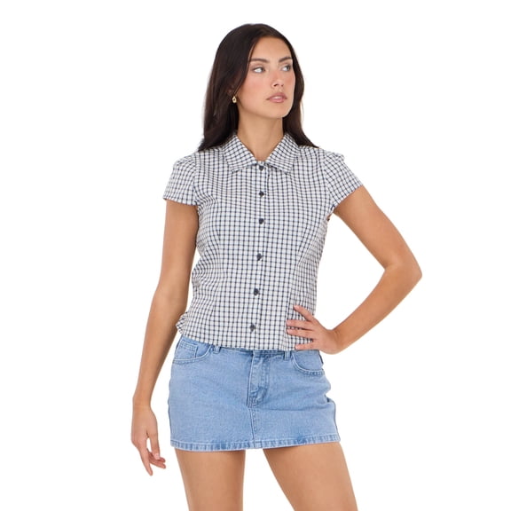 Forever 21 Women's Poplin Button Down Collared Shirt with Self Tie Back, Short Sleeve Fitted Top, Lightweight Casual Everyday Style, Navy, XXS-XXL