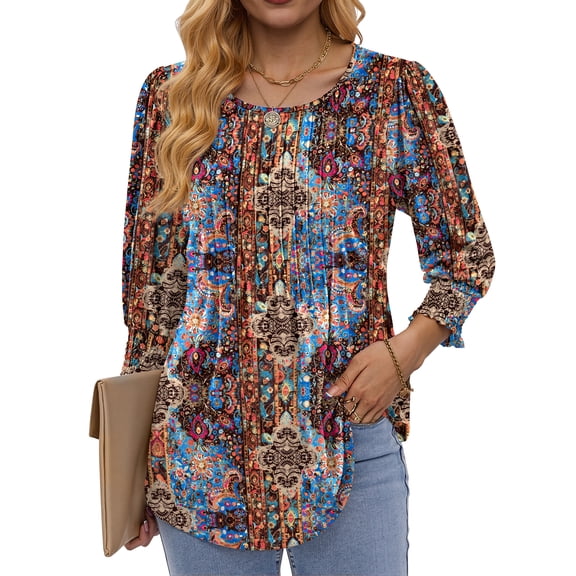 Fantaslook Pleated Blouses for Women Dressy Casual 3/4 Sleeve Womens Tops with Smocked Cuffs Summer Fall Shirts